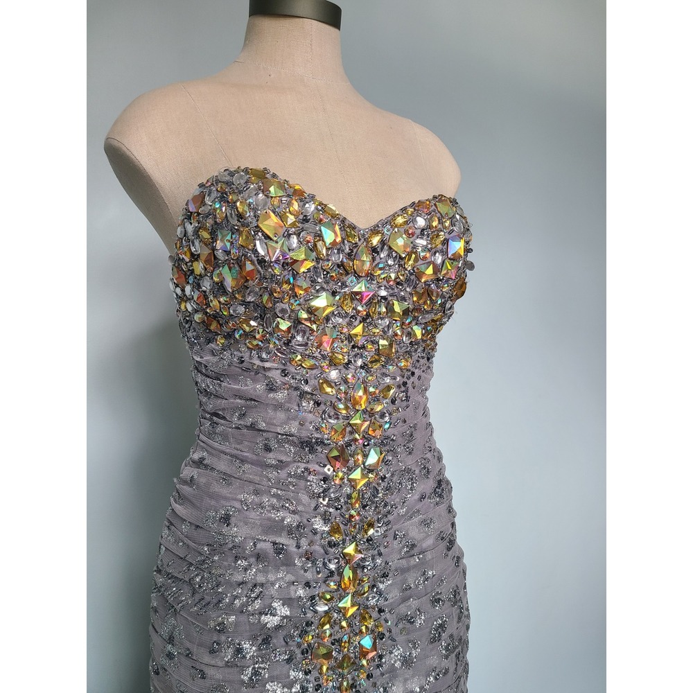 Jovani Sz 2 Mermaid Formal Prom Dress Silver Sparkly Cheetah Y2K McBling Studded - Picture 3 of 11